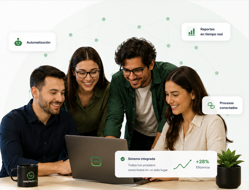 Equipo trabajando con un sistema empresarial conectado