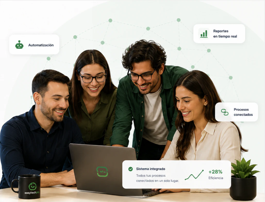 Equipo trabajando con automatización, reportes y procesos empresariales conectados